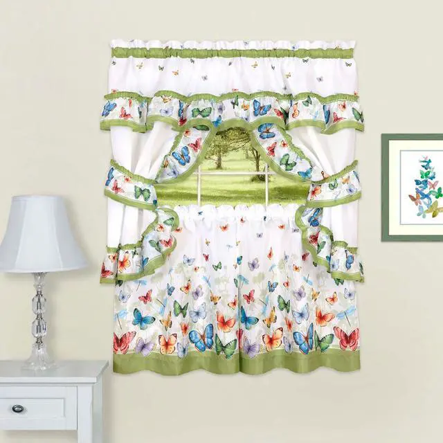 Main image of Butterflies 3-Piece Printed Cottage Kitchen Curtain Set, Green, 57x36 Inches