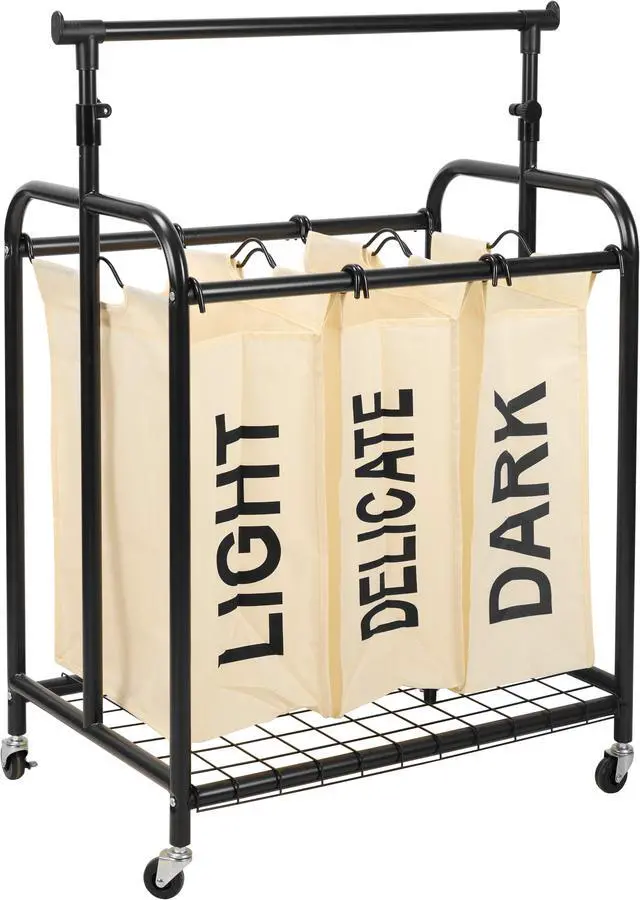 Alt view image 2 of 5 - Oceanstar 3-Bag Rolling Laundry Sorter with Adjustable Hanging Bar, White