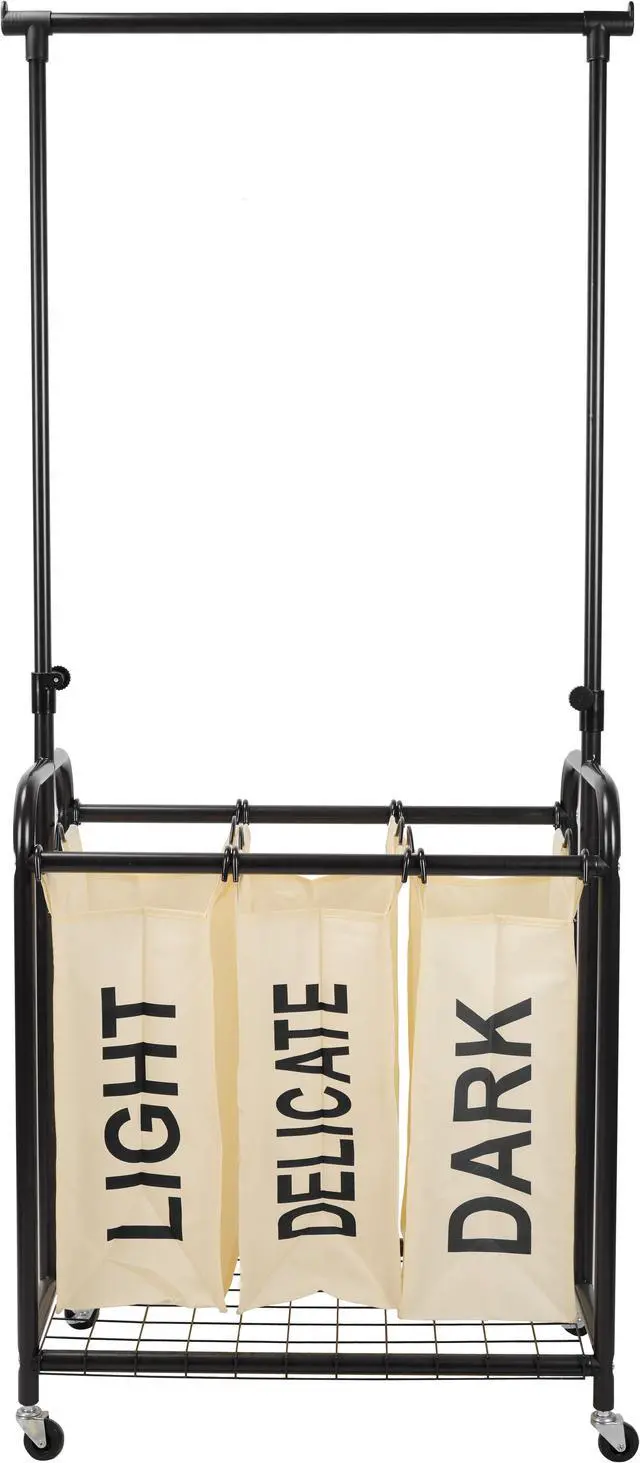 Alt view image 3 of 5 - Oceanstar 3-Bag Rolling Laundry Sorter with Adjustable Hanging Bar, White