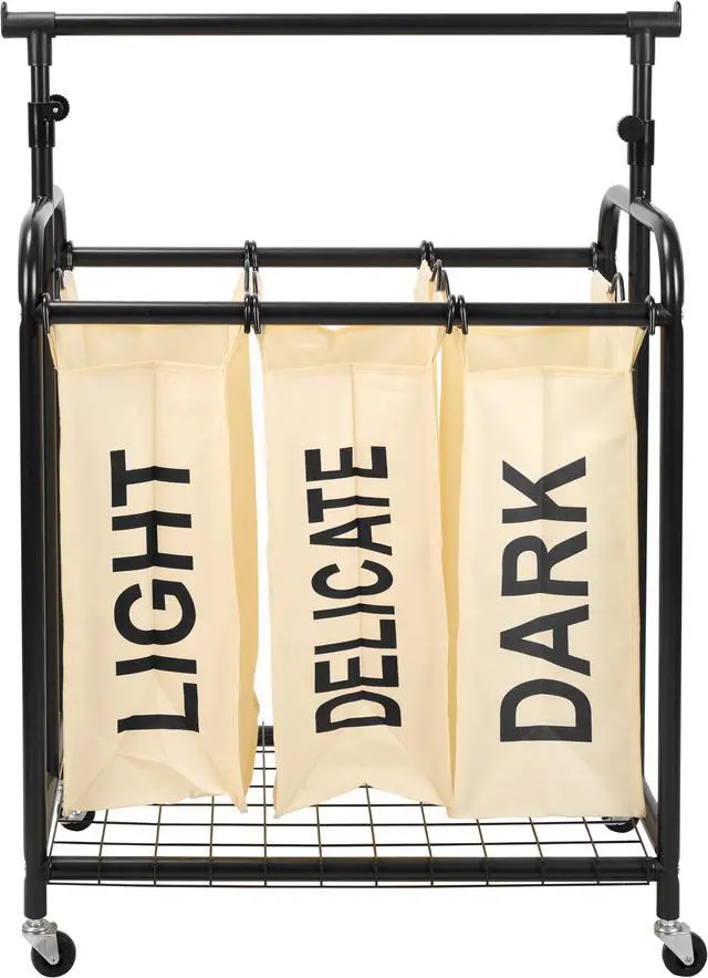 Alt view image 5 of 5 - Oceanstar 3-Bag Rolling Laundry Sorter with Adjustable Hanging Bar, White