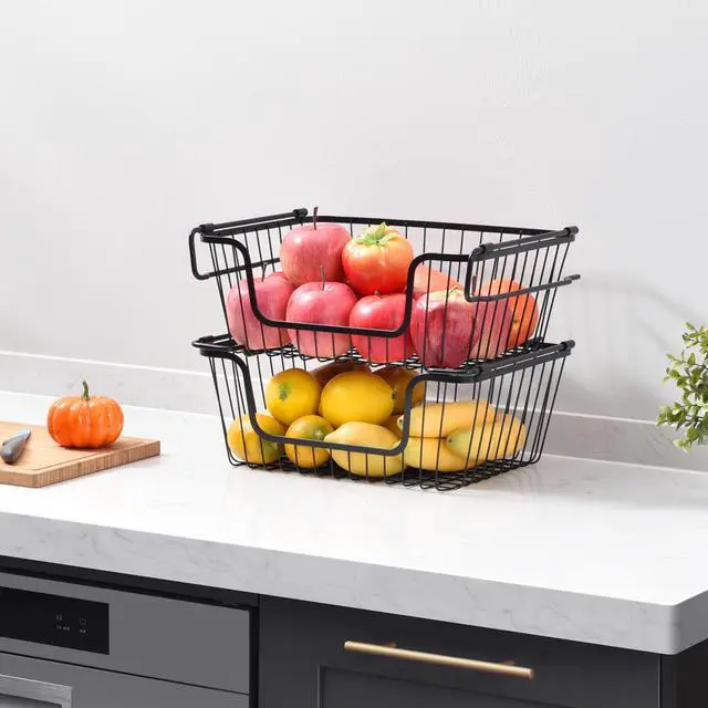 Alt view image 5 of 7 - Oceanstar Stackable Metal Wire Storage Basket Set for Pantry, Countertop, Kitchen or Bathroom  Black, Set of 2