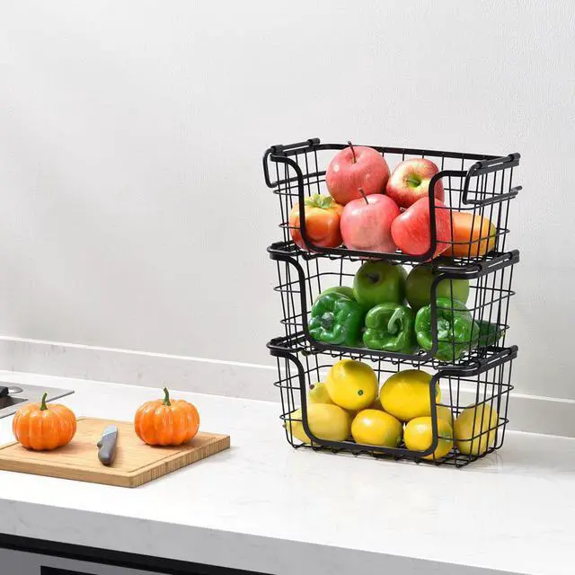 Alt view image 7 of 7 - Oceanstar Stackable Metal Wire Storage Basket Set for Pantry, Countertop, Kitchen or Bathroom  Black, Set of 3
