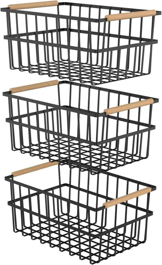 Main image of Oceanstar Metal Wire Organizer Bin Basket with Handles, Set of 3, Black