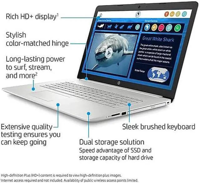 Alt view image 6 of 6 - HP 17-by3063st 17.3" Non-touch Notebook, Intel i3-1005G1, 8GB Memory, 128GB SSD + 1TB Hard Drive, DVD-Writer, Bluetooth, Windows 10, Silver