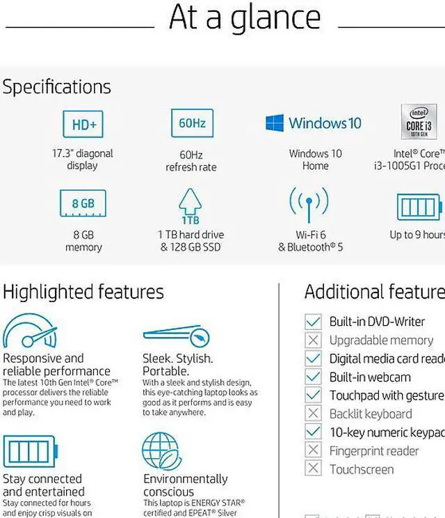 Alt view image 2 of 6 - HP 17-by3063st 17.3" Non-touch Notebook, Intel i3-1005G1, 8GB Memory, 128GB SSD + 1TB Hard Drive, DVD-Writer, Bluetooth, Windows 10, Silver