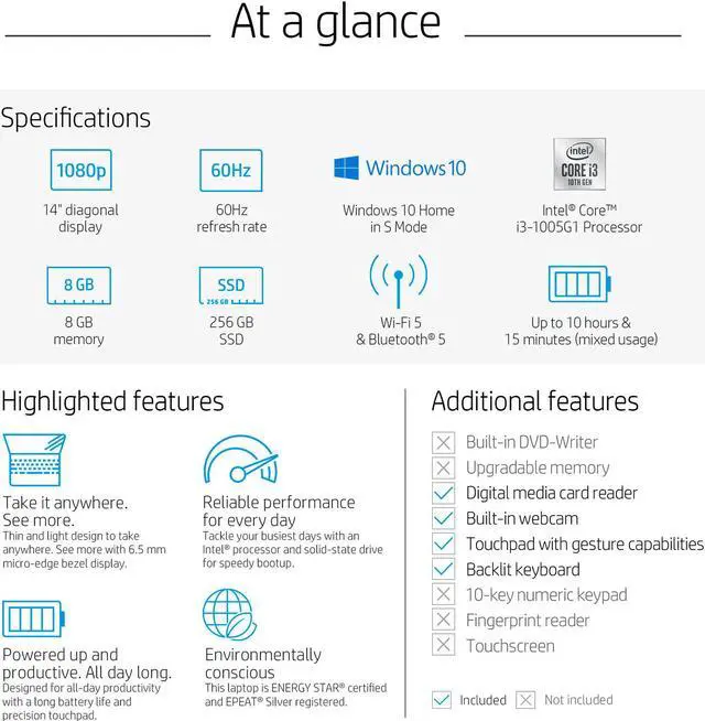 Alt view image 8 of 11 - HP 14" Laptop: Core i3-1005G1, 256GB SSD, 8GB RAM, 14" Full HD IPS Display