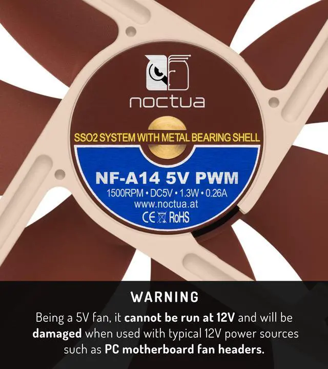 Alt view image 2 of 7 - Noctua NF-A14 5V PWM, Premium Quiet Fan with USB Power Adaptor Cable, 4-Pin, 5V Version (140mm, Brown)
