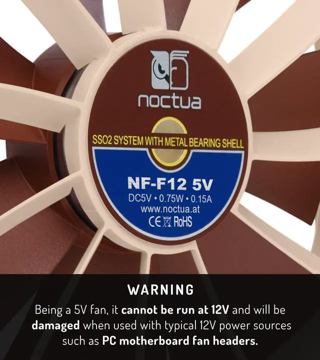 Alt view image 2 of 8 - Noctua NF-F12 5V, Premium Quiet Fan with USB Power Adaptor Cable, 3-Pin, 5V Version (120mm, Brown)