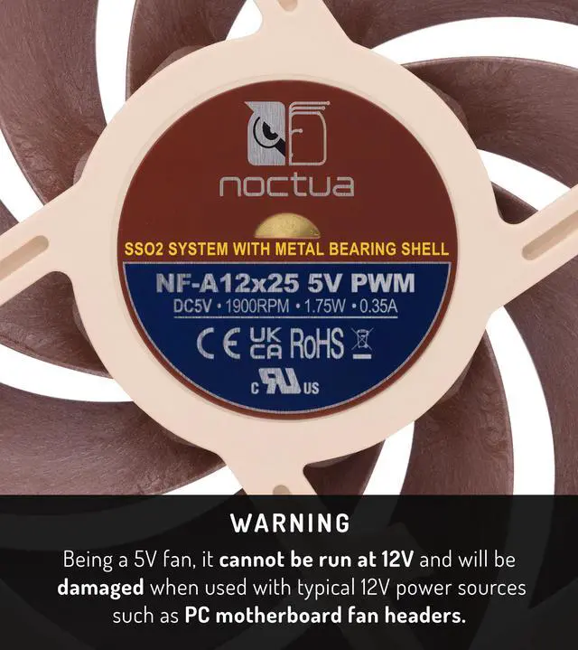 Alt view image 3 of 7 - Noctua NF-A12x25 5V PWM, Premium Quiet Fan with USB Power Adaptor Cable, 4-Pin, 5V Version (120mm, Brown)
