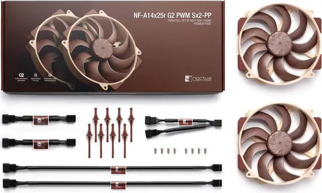 Alt view image 4 of 5 - Noctua NF-A14x25r G2 PWM Sx2-PP, Push-Pull Set of two Premium-Quality Quiet 140mm PC Fans (Brown)