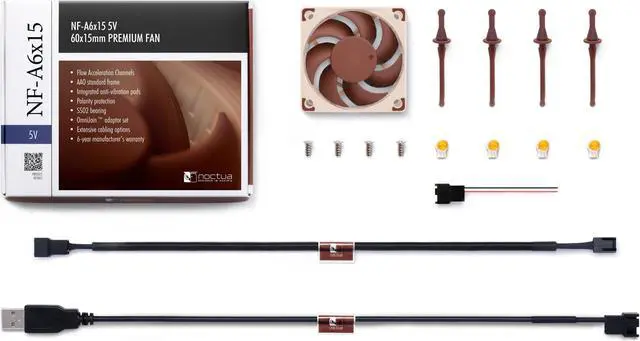 Alt view image 5 of 6 - Noctua NF-A6x15 5V, Premium Quiet Slim Fan with USB Power Adaptor Cable, 3-Pin, 5V Version (60x15mm, Brown)