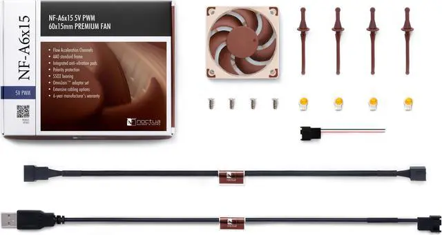 Alt view image 5 of 6 - Noctua NF-A6x15 5V PWM, Premium Quiet Slim Fan with USB Power Adaptor Cable, 4-Pin, 5V Version (60x15mm, Brown)