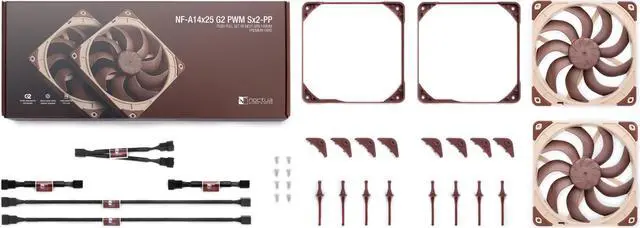 Alt view image 4 of 7 - Noctua NF-A14x25 G2 PWM Sx2-PP, Dual Fan Set for Push-Pull and Side-by-Side Applications (Brown)