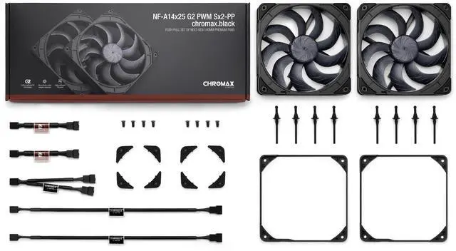 Alt view image 4 of 7 - Noctua NF-A14x25 G2 PWM Sx2-PP chromax.black, Dual Fan Set for Push-Pull and Side-by-Side Applications (Black)