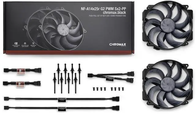 Alt view image 4 of 7 - Noctua NF-A14x25r G2 PWM Sx2-PP chromax.black, Push-Pull Set of two Premium-Quality Quiet 140mm PC Fans (Black)