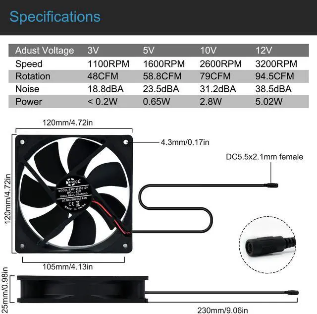Alt view image 2 of 7 - NEW 120mm High Speed Cooling Fan 120X120X25mm AC 110V 220V to 3V - 12V 2A with Speed Controller ,for Router Grow Tent Home Plant SXDOOL SXD12025B12H Daul Ball Bearing
