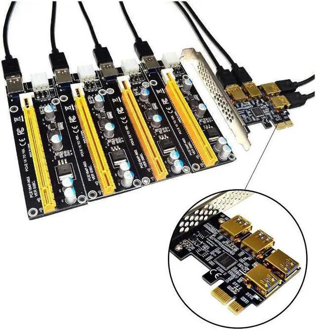 Alt view image 6 of 6 - New 4 Ports PCIe Riser Adapter Board PCI-E 1x to 4 USB 3.0 PCI-E Rabbet GPU Riser Extender Ethereum ETH/Monero XMR/Zcash ZEC 16X External Slot Card Multiplier for Miner Mining BTC