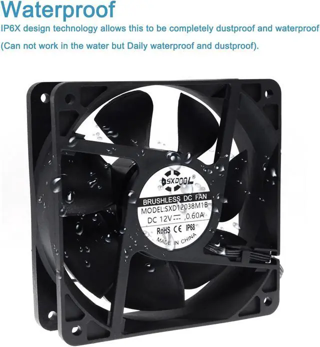 Main image of SXDOOL SXD12038M1B Waterproof 120mm 12cm(120X120X38mm) Cooling Fan DC12V 3600RPM High Airflow ,for Home Bathroom Grow Room Ventilation Vent
