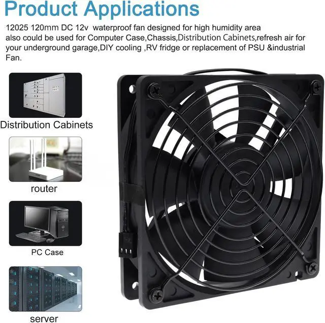 Alt view image 5 of 6 - SXDOOL SXD12025M1B 120mm 12cm Waterproof Dustproof IP68 Cooling Fan,120X120X25mm 3P 3-Pin Dual Ball Bearing 3050RPM,High Speed 106CFM Cooler