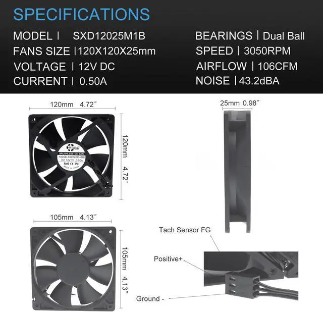 Alt view image 4 of 6 - SXDOOL SXD12025M1B 120mm 12cm Waterproof Dustproof IP68 Cooling Fan,120X120X25mm 3P 3-Pin Dual Ball Bearing 3050RPM,High Speed 106CFM Cooler