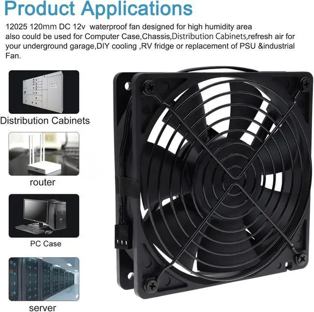 Alt view image 4 of 6 - 120mm 12cm Waterproof Dustproof IP68 Cooling Fan,120X120X25mm 3P 3-Pin Dual Ball Bearing 3050RPM,High Speed 106CFM Cooler SXDOOL SXD12025M1B