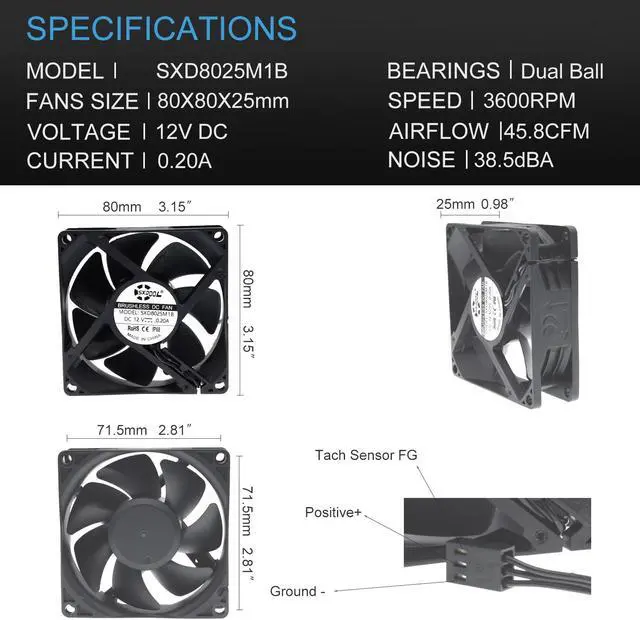 Alt view image 5 of 7 - SXDOOL SXD8025M12B IP68 80mm 8cm Waterproof Dustproof DC 12V Cooling Fan 80X80X25mm Dual Ball Bearing 3-Pin PC Computer Chassis PSU