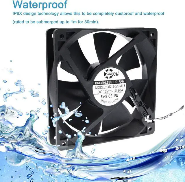 Main image of 120mm 12cm Waterproof Dustproof IP68 Cooling Fan,120X120X25mm 3P 3-Pin Dual Ball Bearing 3050RPM,High Speed 106CFM Cooler SXDOOL SXD12025M1B
