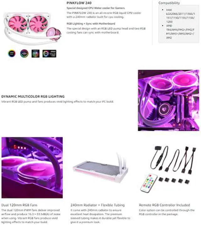 Alt view image 4 of 7 - CPU Fans & Heatsinks ID-COOLING PINKFLOW 240 CPU Water Cooler RGB Lighting + Sync with Motherboard 240mm CPU Liquid Cooler 2X120mm RGB Fan, Intel 115X/2066 (Remote Controller is Included)