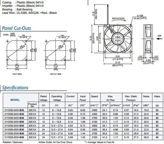 Alt view image 4 of 4 - 3110SB-04W-B69 Original NMB fan 8025 fan 8 cm 12V silent cooling fan