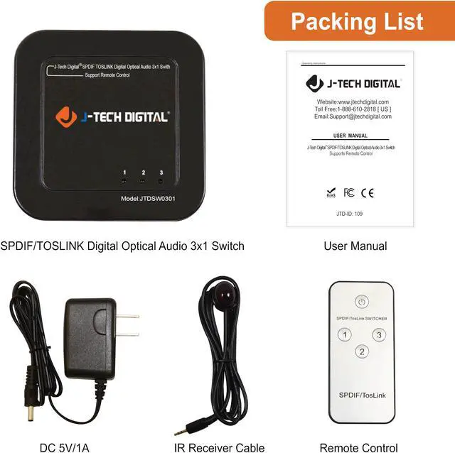Alt view image 5 of 7 - J-Tech Digital Premium Quality SPDIF TOSLINK Digital Optical Audio 3x1 Switch with Remote Control (Three Inputs one Output)