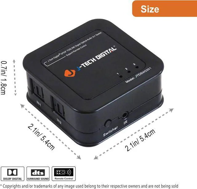 Alt view image 2 of 7 - J-Tech Digital Premium Quality SPDIF TOSLINK Digital Optical Audio 3x1 Switch with Remote Control (Three Inputs one Output)