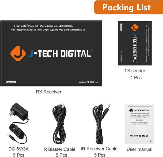 Alt view image 13 of 15 - J-Tech Digital 1x4 HDMI Extender Splitter Combo Over Cat5e/Cat6 cable up to 164 feet (50 meters) at 1080P with Local Loop out and Bi-directional IR control (JTDHDEX1x4)