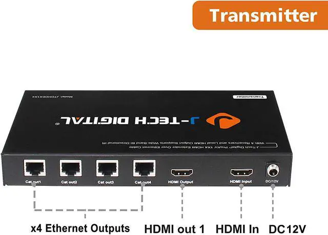 Alt view image 11 of 15 - J-Tech Digital 1x4 HDMI Extender Splitter Combo Over Cat5e/Cat6 cable up to 164 feet (50 meters) at 1080P with Local Loop out and Bi-directional IR control (JTDHDEX1x4)