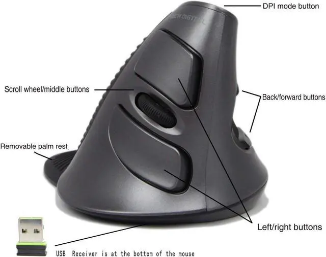 Alt view image 2 of 6 - J-Tech Digital Scroll Endurance Wireless Mouse Ergonomic Vertical USB Mouse with Adjustable Sensitivity (600/1000/1600 DPI), Removable Palm Rest & Thumb Buttons - Reduces Hand/Wrist Pain