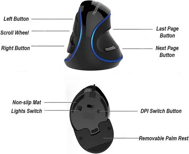 Alt view image 5 of 8 - J-Tech Digital Wired Ergonomic Vertical USB Mouse with Adjustable Sensitivity (600/1000/1600 DPI), Scroll Endurance, Removable Palm Rest & Thumb Buttons [V628]