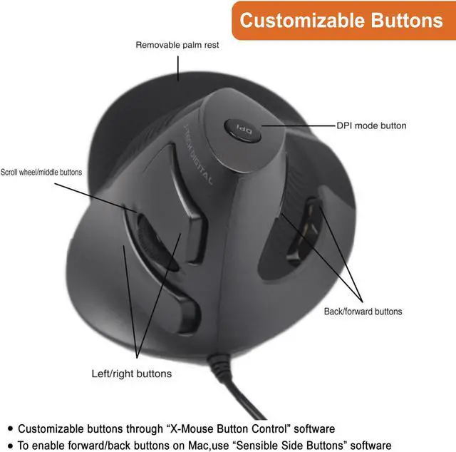 Alt view image 5 of 6 - J-Tech Digital Scroll Endurance Wireless Mouse Ergonomic Vertical USB Mouse with Adjustable Sensitivity (600/1000/1600 DPI), Removable Palm Rest & Thumb Buttons - Reduces Hand/Wrist Pain