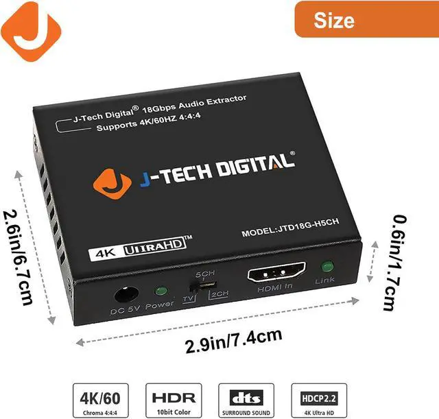 Alt view image 7 of 8 - J-Tech Digital 4K 60HZ HDMI Audio Extractor Converter SPDIF + 3.5MM Output Supports HDMI 2.0, 18Gpbs Bandwidth, HDCP 2.2, Dolby Digital/DTS Passthrough CEC, HDR10 [JTD18G-H5CH]