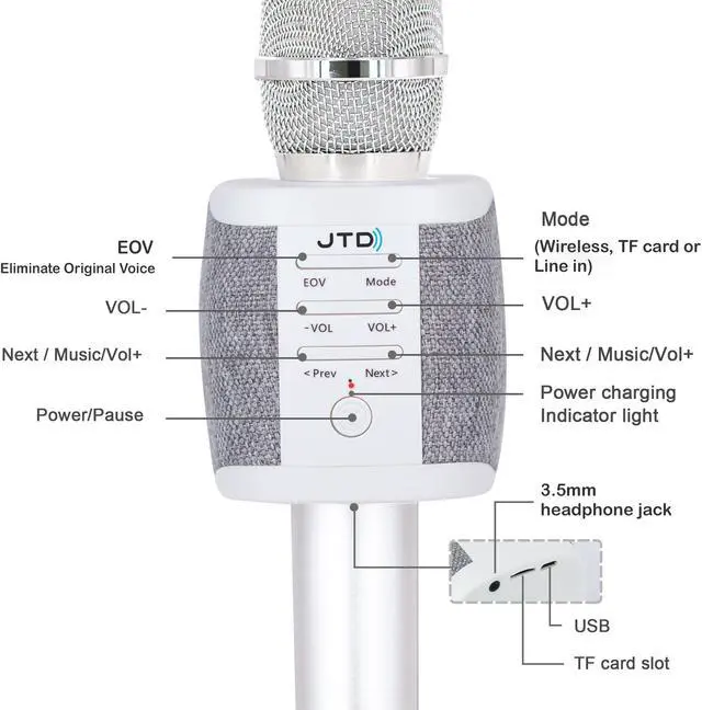 Alt view image 5 of 6 - JTD Wireless Karaoke Microphone Speaker Recorder with 2x5W Dual Speakers, Sing Listen Record, Phone Tablet Computer 3.5mm MicroSD [JTD-008]