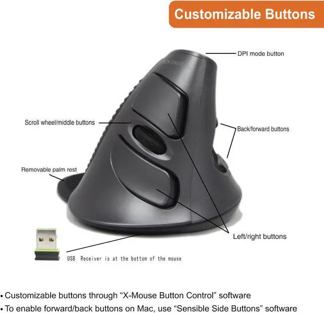 Alt view image 3 of 6 - J-Tech Digital Scroll Endurance Wireless Mouse Ergonomic Vertical USB Mouse with Adjustable Sensitivity (600/1000/1600 DPI), Removable Palm Rest & Thumb Buttons - Reduces Hand/Wrist Pain