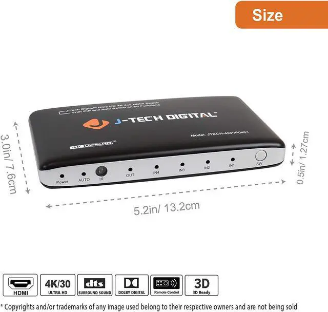 Alt view image 4 of 7 - J-Tech Digital 4K@30HZ 4-Port HDMI Switch with PIP, IR, HDCP1.4 Wireless Remote Control, and Auto Switch ON/OFF Functions with Control4 Driver Available