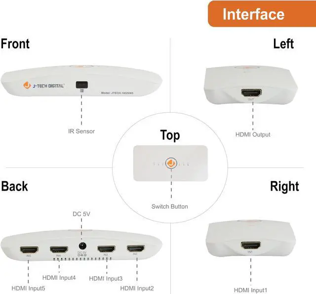 Alt view image 2 of 6 - J-Tech Digital HDMI Switch 5X1 HDMI2.0 4K@60Hz, HDCP 2.2, HDR, Dolby Vision, YUV 4:4:4 with remote control and auto-switching function with Control4 Driver Available [JTECH-18GSW5]