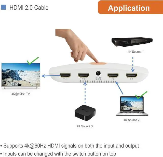 Alt view image 4 of 6 - J-Tech Digital 3x1 HDMI 2.0 Switch HDMI Switch 4K@60Hz, HDCP 2.2, HDR, Dolby Vision, YUV 4:4:4 with Remote Control auto-Switching Function on/Off Control4 Driver Available (3 in 1 Out) [JTECH-18GSW3]