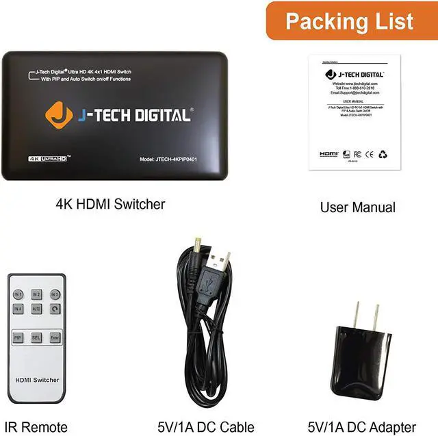 Alt view image 6 of 7 - J-Tech Digital 4K@30HZ 4-Port HDMI Switch with PIP, IR, HDCP1.4 Wireless Remote Control, and Auto Switch ON/OFF Functions with Control4 Driver Available