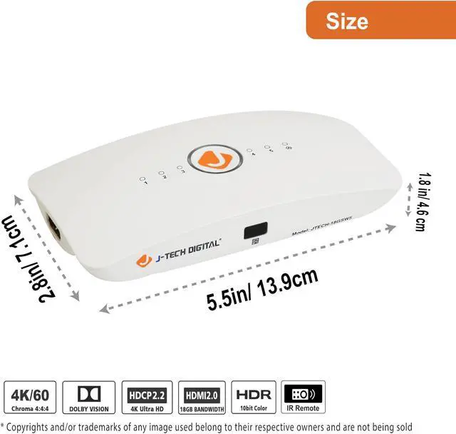 Alt view image 3 of 6 - J-Tech Digital HDMI Switch 5X1 HDMI2.0 4K@60Hz, HDCP 2.2, HDR, Dolby Vision, YUV 4:4:4 with remote control and auto-switching function with Control4 Driver Available [JTECH-18GSW5]