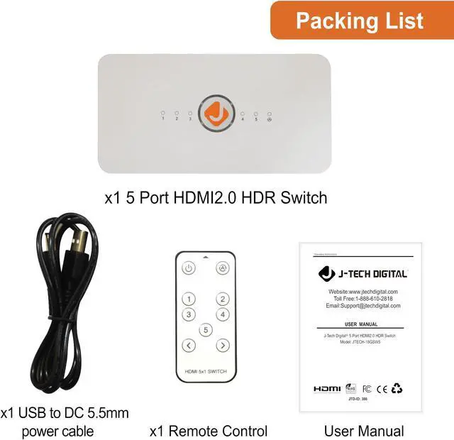 Alt view image 5 of 6 - J-Tech Digital HDMI Switch 5X1 HDMI2.0 4K@60Hz, HDCP 2.2, HDR, Dolby Vision, YUV 4:4:4 with remote control and auto-switching function with Control4 Driver Available [JTECH-18GSW5]
