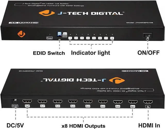 Alt view image 2 of 7 - J-Tech Digital JTD4KSP0108 Premium Quality Ultra HD 4K 60HZ 1x8 HDMI Splitter High Resolutions Up To 4Kx2K 36-Bit Deep Color