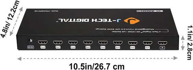 Alt view image 4 of 7 - J-Tech Digital JTD4KSP0108 Premium Quality Ultra HD 4K 60HZ 1x8 HDMI Splitter High Resolutions Up To 4Kx2K 36-Bit Deep Color