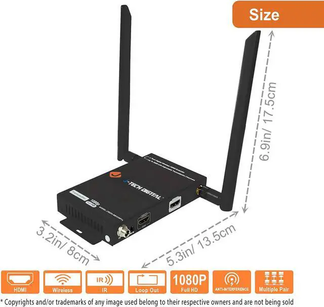 Alt view image 2 of 8 - J-Tech Digital FHD 1X2 Wireless HDMI Extender 200' Dual Antenna Supporting Full HD 1080p with HDMI Loop Output IR Passthrough [JTECH-WEX200V3]