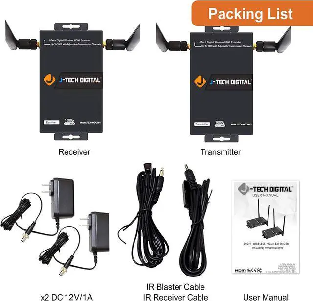 Alt view image 7 of 8 - J-Tech Digital FHD 1X2 Wireless HDMI Extender 200' Dual Antenna Supporting Full HD 1080p with HDMI Loop Output IR Passthrough [JTECH-WEX200V3]
