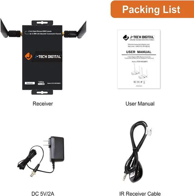 Alt view image 6 of 6 - J-Tech Digital Wireless HDMI Extender 200ft Dual Antenna Supporting Full HD 1080p with HDMI Loop Output IR Passthrough Receiver Only [JTECH-WEX200V3]